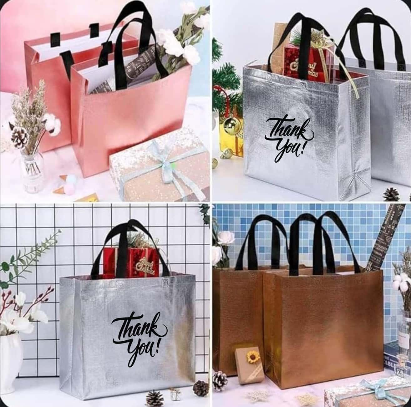Silver Sparkle Shopping Bag Carry Bag for Return Gifts Non Woven Gift Bags Tote Bags Pack of 10 Pcs Stonkar